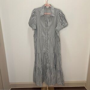 Elan Women's Poplin Striped Button-Front Puff-Sleeve Dress Grey White XL